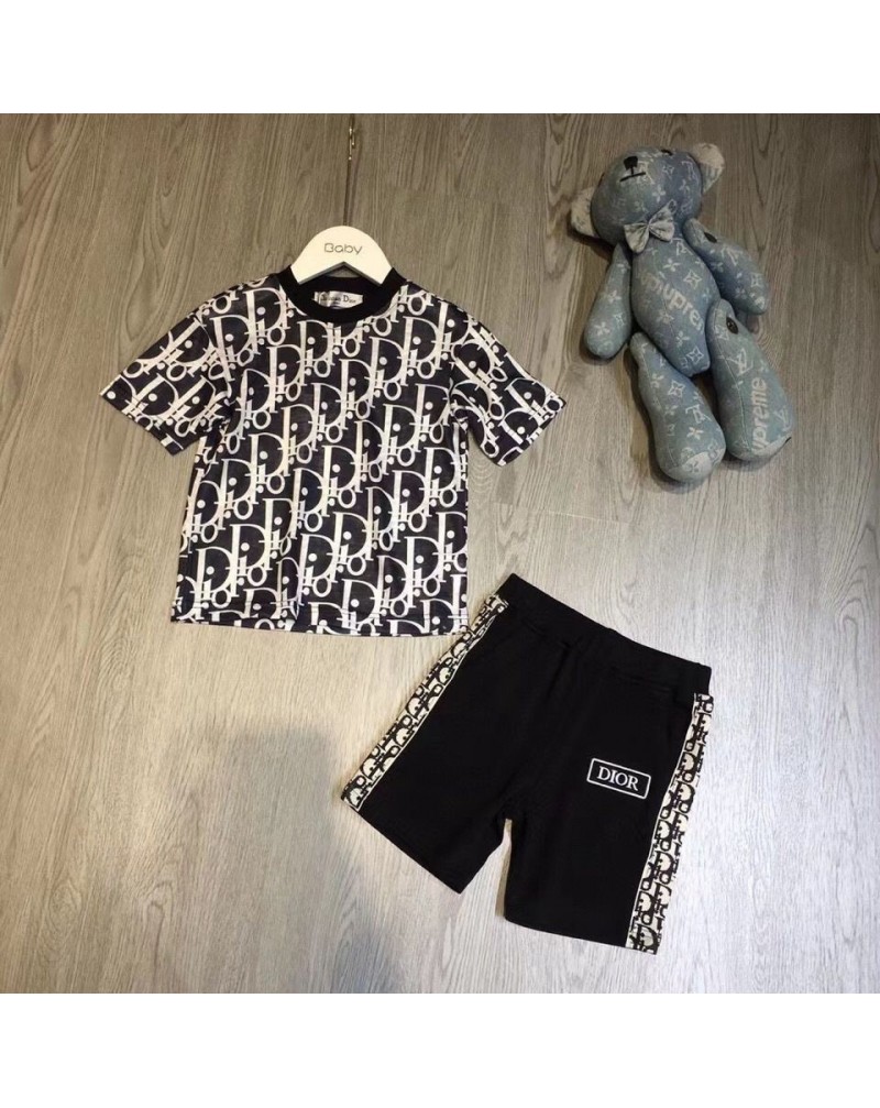 ディオール Tシャツハーフパンツ二点セット子供向け人気お洒落ティシャツ半パンツ上下セットキッズ用コットン肌柔らかいソフト