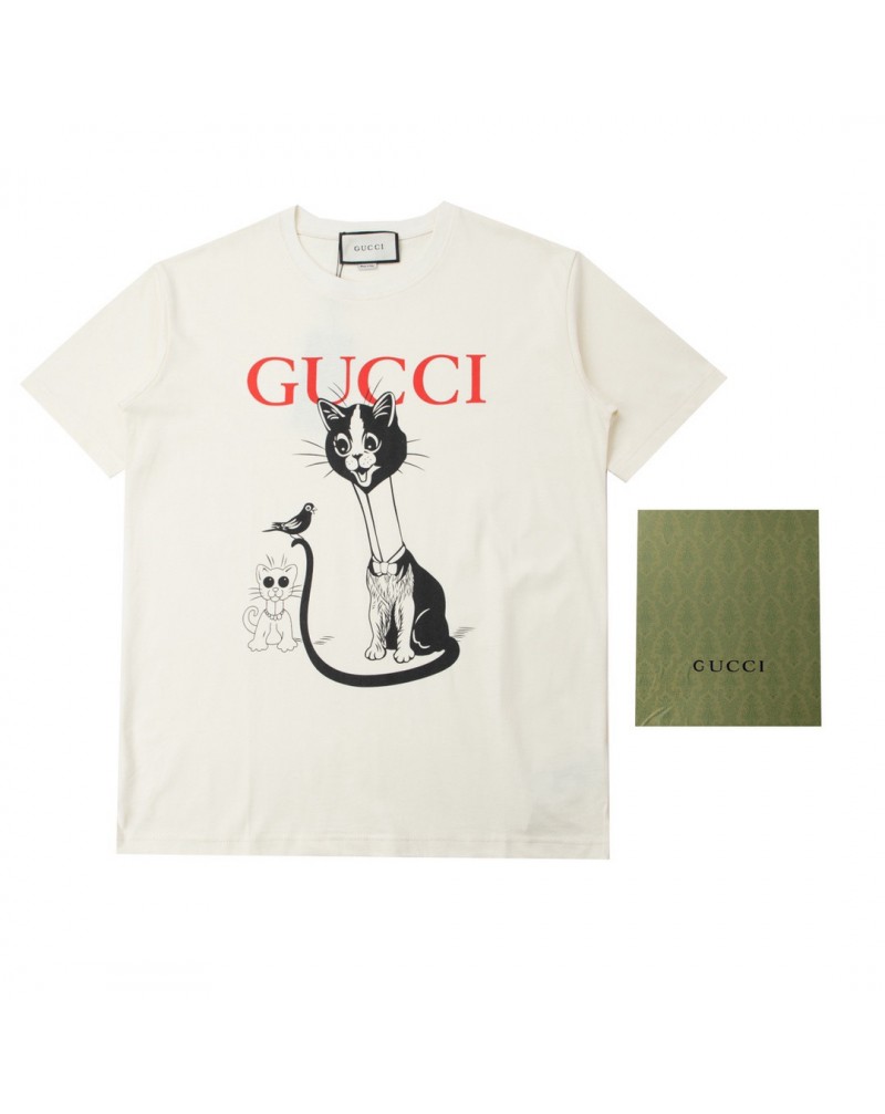 グッチ ｔシャツ半袖ペアお揃い可愛い猫付きティシャツ短袖23SSコットン製人気トップス