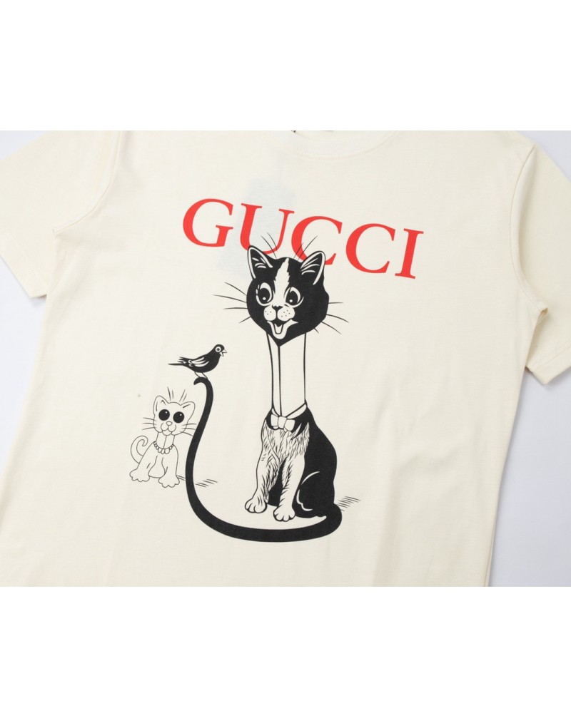 グッチ ｔシャツ半袖ペアお揃い可愛い猫付きティシャツ短袖23SSコットン製人気トップス