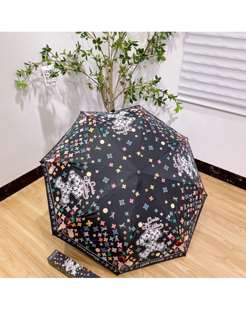 ヴィトン 傘可愛いクマ付き晴雨傘自動ボタン三つ折りカサUVカット防止日焼け止め梅雨対策超人気新作