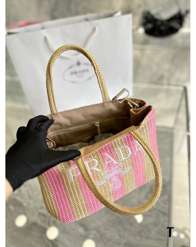 プラダ トートバックストローバッグお洒落新作23ss精緻刺繍ロゴショルダーバッグ高級人気夏最適