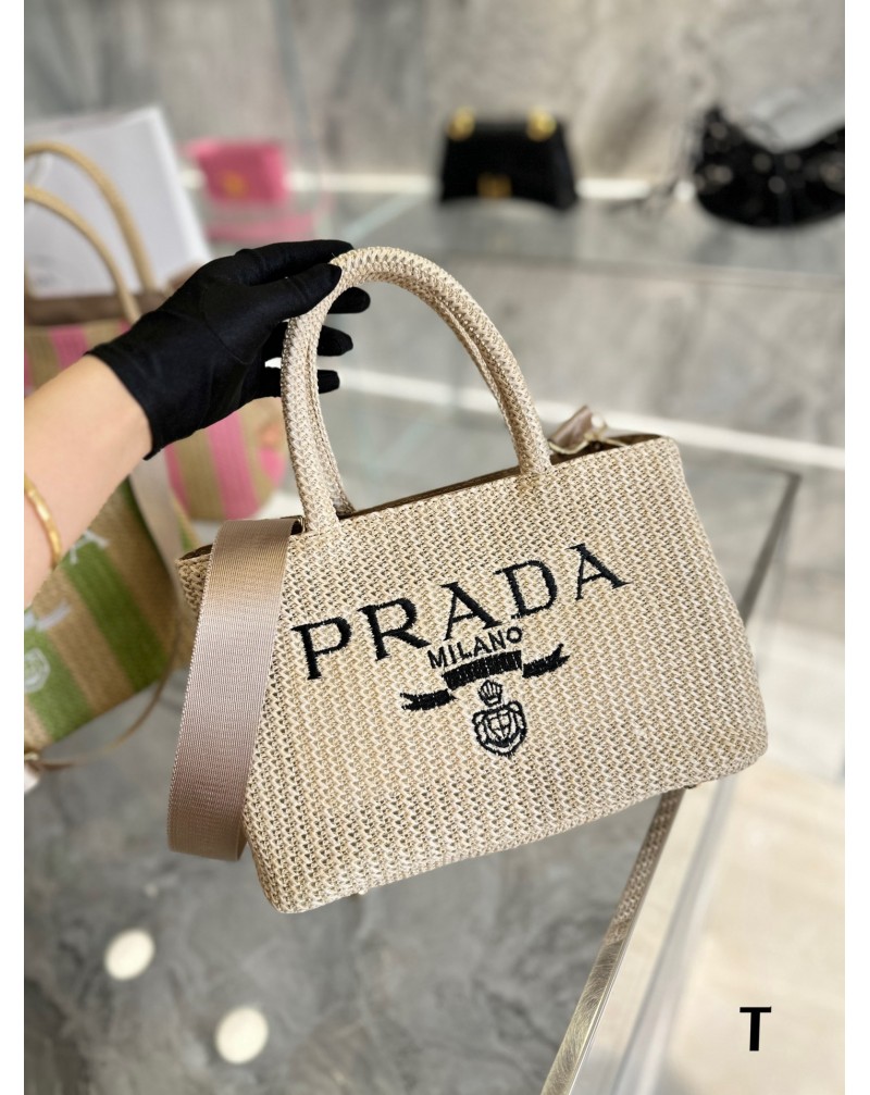 プラダ トートバックストローバッグお洒落新作23ss精緻刺繍ロゴショルダーバッグ高級人気夏最適