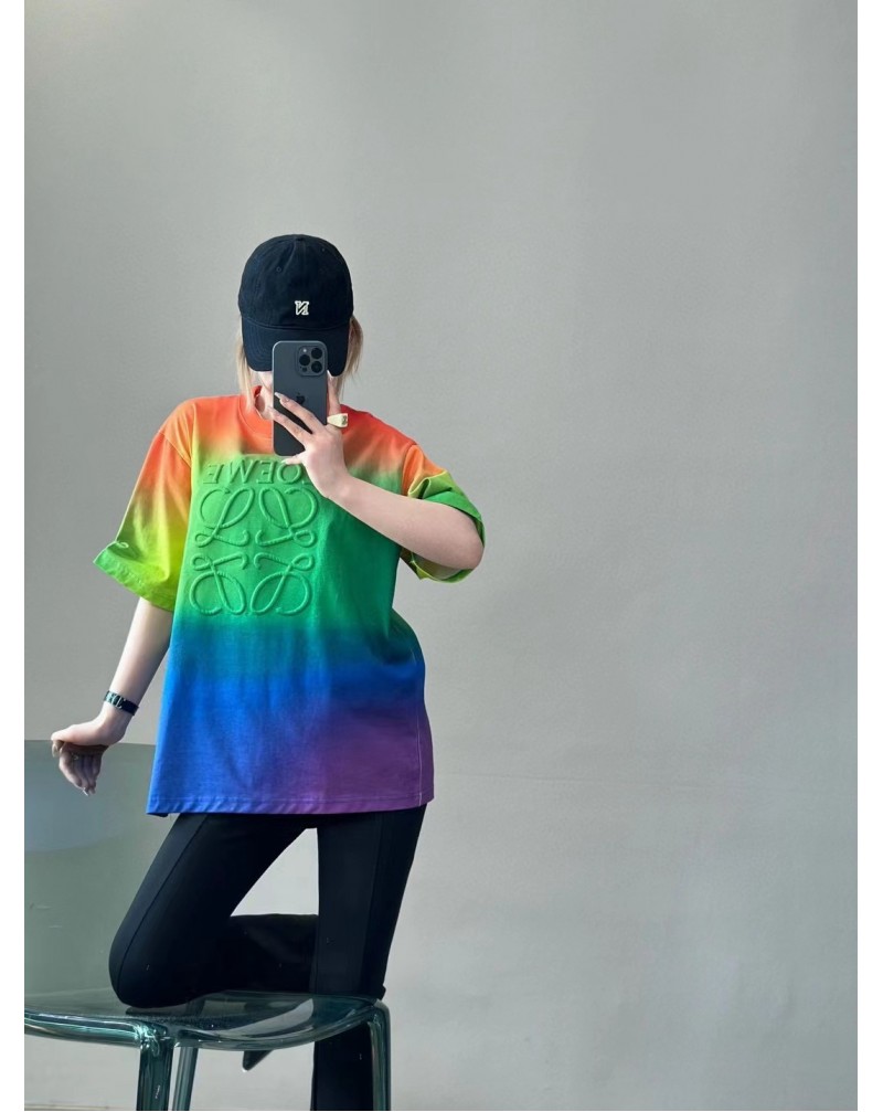ロエベ ｔシャツ虹グラデーション個性人気23ss新作お洒落ティシャツトップスカジュルルーズ
