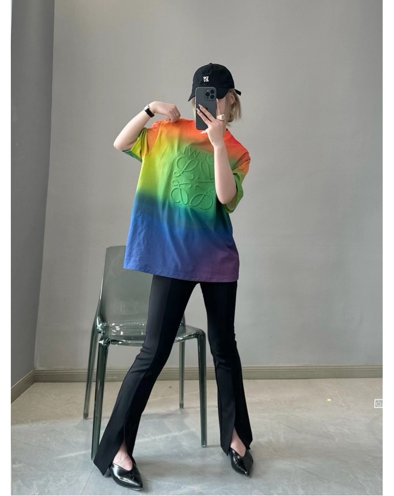ロエベ ｔシャツ虹グラデーション個性人気23ss新作お洒落ティシャツトップスカジュルルーズ