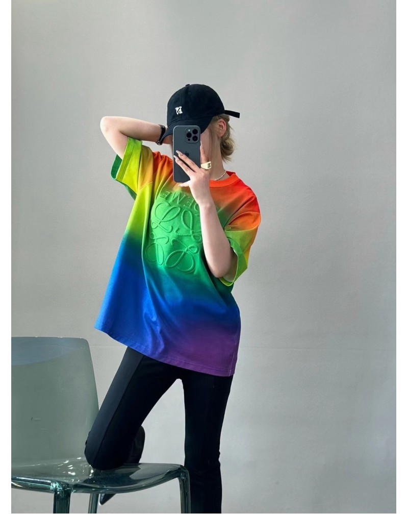 ロエベ ｔシャツ虹グラデーション個性人気23ss新作お洒落ティシャツトップスカジュルルーズ