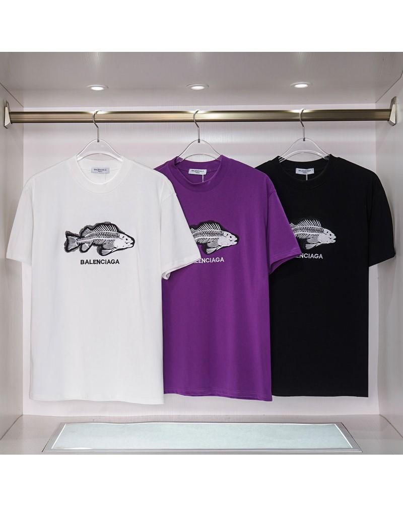 バレンシアガ ｔシャツ半袖ペアお揃いコットンティシャツ短袖精緻刺繍魚お洒落韓国風