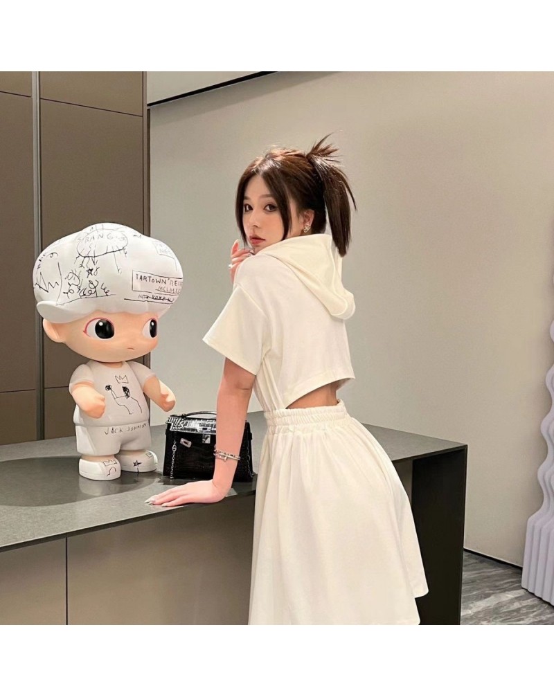 フェンデイ ワンピース短袖フード付きカジュアルワンピース背中の透かし彫りセクシーファッションドレス