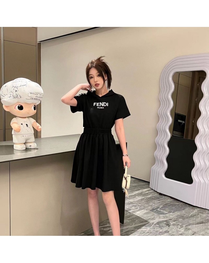 フェンデイ ワンピース短袖フード付きカジュアルワンピース背中の透かし彫りセクシーファッションドレス