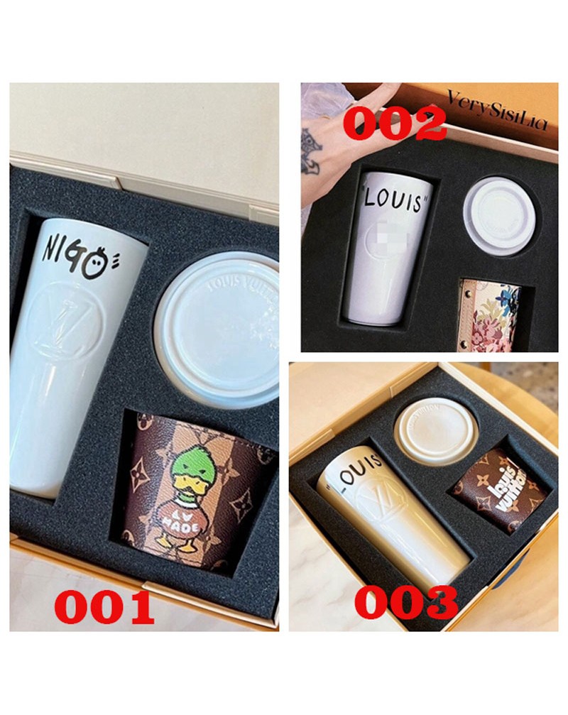 ヴィトンカップ蓋ある可愛い陶器のカップ革製断熱カップカバー付き