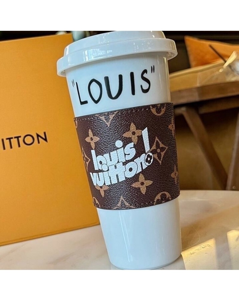 ヴィトンカップ蓋ある可愛い陶器のカップ革製断熱カップカバー付き