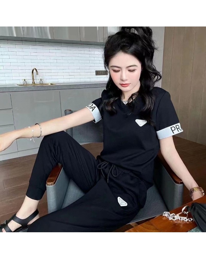 プラダ 短袖パンツ二点セットカジュアルファッションｔシャツパンツセットウエスト弾力性サイズ調整可能