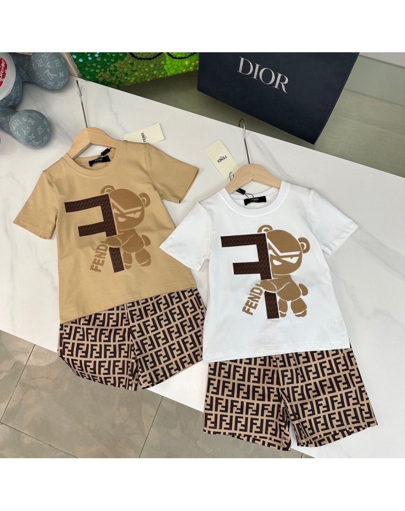 フェンデイｔシャツハーフパンツ二点セット子供用可愛いクマちゃん付きキッズティシャツ上下セットコットンお洒落