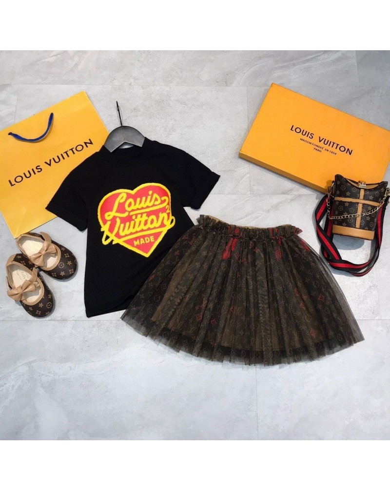 ヴィトン ｔシャツスカート二点セット子供向けお洒落欧米風INS人気半袖メッシュのスカート上下セットキッズ向け可愛い
