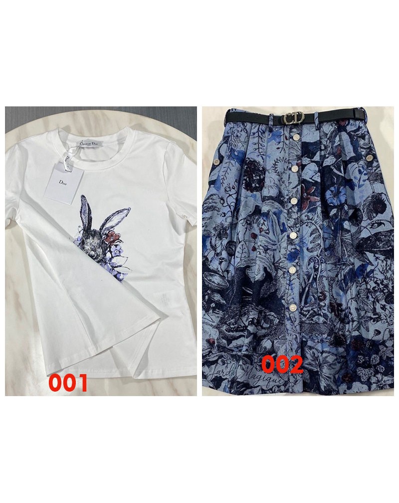 ディオール ｔシャツスカートお洒落花プリント可愛いうさぎ付きティシャツ半袖