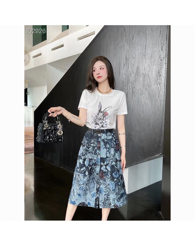 ディオール ｔシャツスカートお洒落花プリント可愛いうさぎ付きティシャツ半袖