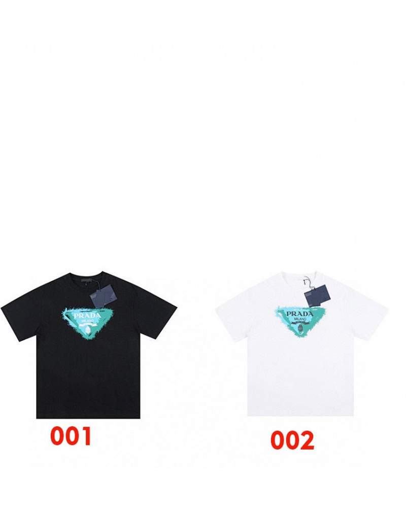 プラダ tシャツ半袖お洒落カジュアル人気個性ブランドティシャツコットン製ペアお揃い