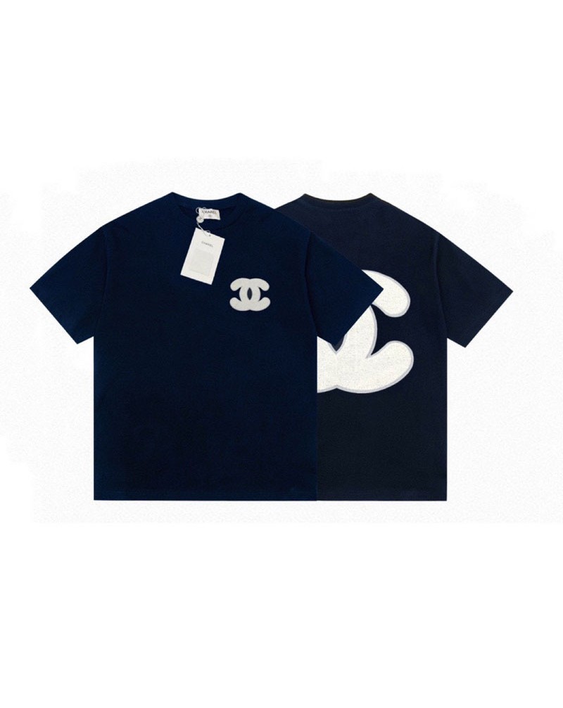 シャネルＴシャツお洒落小香風tシャツ半袖人気ブランド短袖トップス男女兼用ネイビー精緻タオル刺繡高級