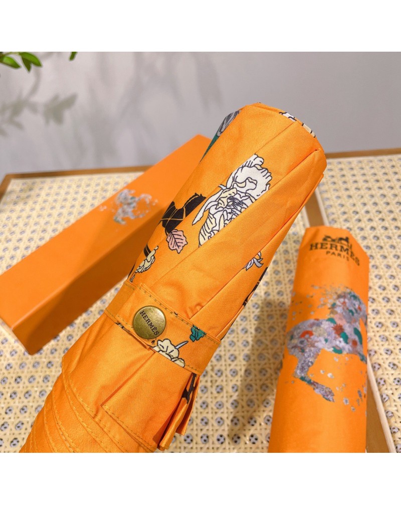 エルメス カサお洒落ファッションプリント付き晴雨兼用傘自動ボタン三つ折り携帯便利日よけ紫外線UVカット防止梅雨対策