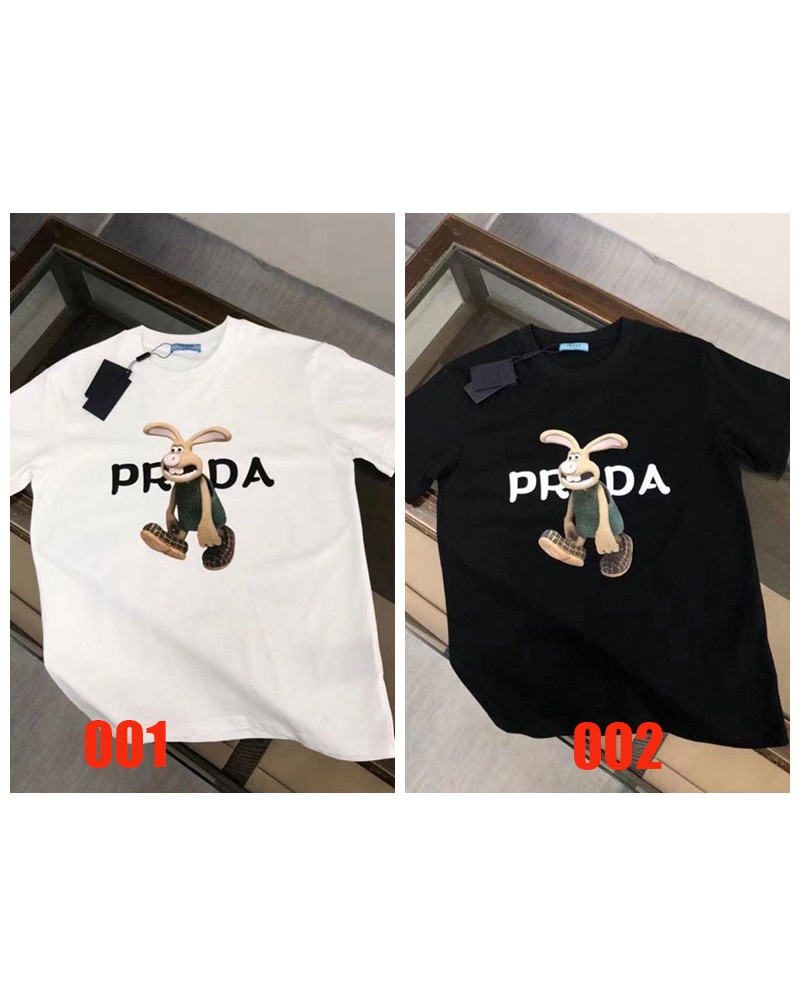 プラダ tシャツ半袖可愛いうさぎプリント付きカジュアル人気ティシャツ短袖コットントップス男女兼用