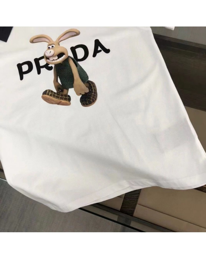 プラダ tシャツ半袖可愛いうさぎプリント付きカジュアル人気ティシャツ短袖コットントップス男女兼用