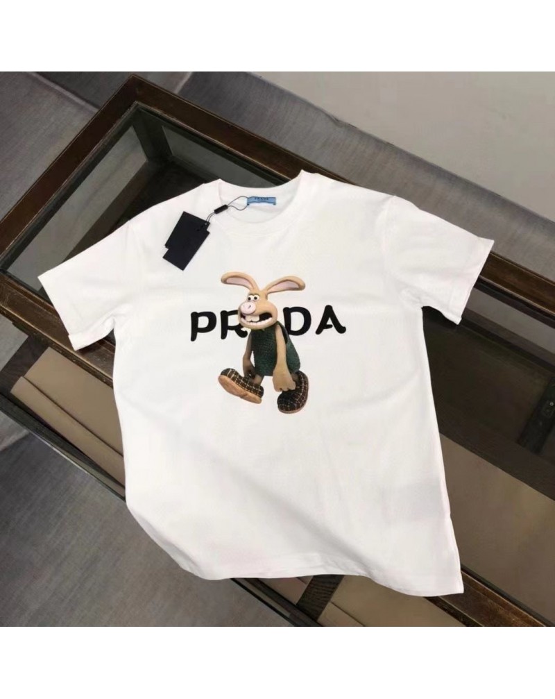 プラダ tシャツ半袖可愛いうさぎプリント付きカジュアル人気ティシャツ短袖コットントップス男女兼用
