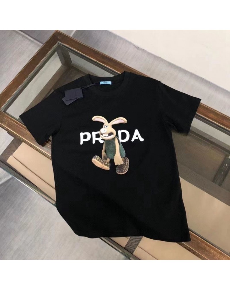 プラダ tシャツ半袖可愛いうさぎプリント付きカジュアル人気ティシャツ短袖コットントップス男女兼用