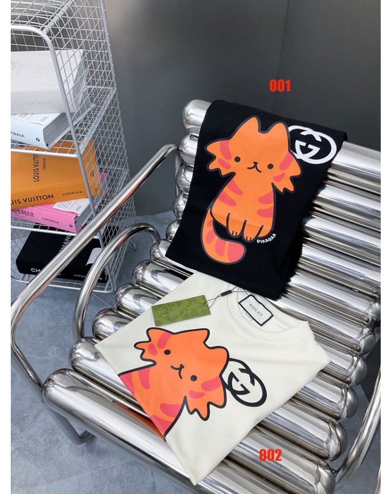グッチ Tシャツ半袖可愛いネコ付きコットントップスペアお揃いティシャツお洒落