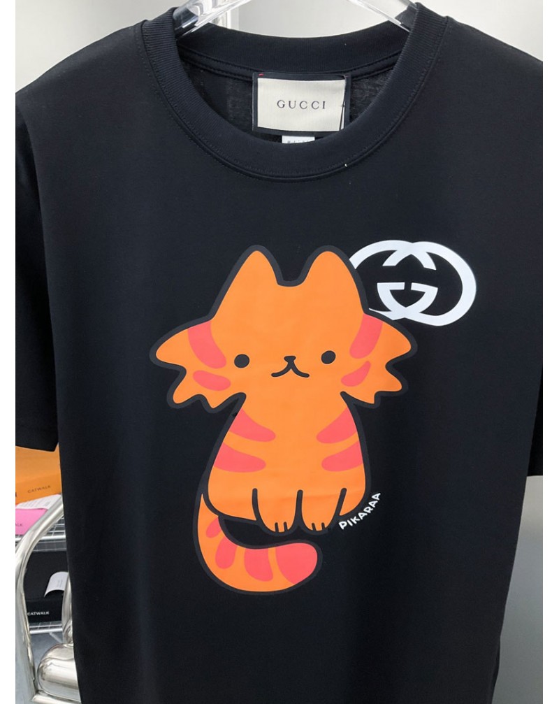 グッチ Tシャツ半袖可愛いネコ付きコットントップスペアお揃いティシャツお洒落