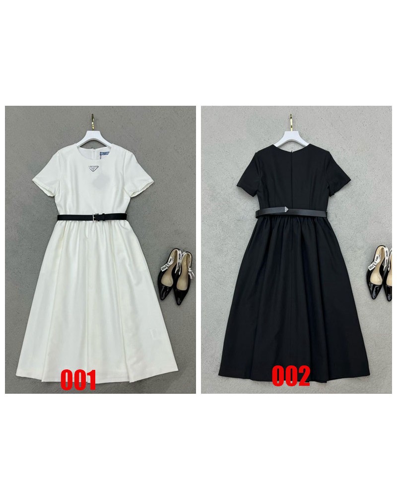 プラダ ワンピースお洒落優雅洋服ベルト付き半袖ワンピースファッション高級ドレス