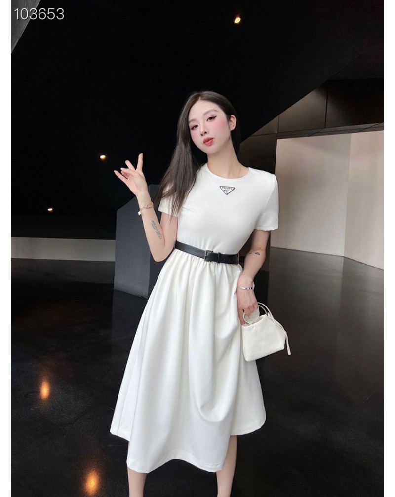 プラダ ワンピースお洒落優雅洋服ベルト付き半袖ワンピースファッション高級ドレス