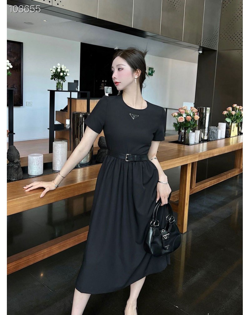 プラダ ワンピースお洒落優雅洋服ベルト付き半袖ワンピースファッション高級ドレス