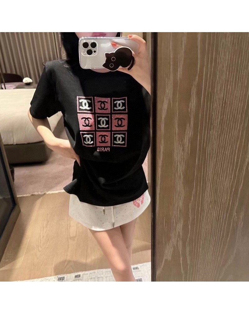 シャネル 半袖ｔシャツ高級お洒落小香風ファッションスパンコール刺繍ロゴトップス女性人気