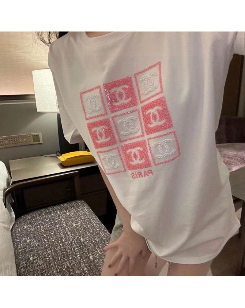 シャネル 半袖ｔシャツ高級お洒落小香風ファッションスパンコール刺繍ロゴトップス女性人気