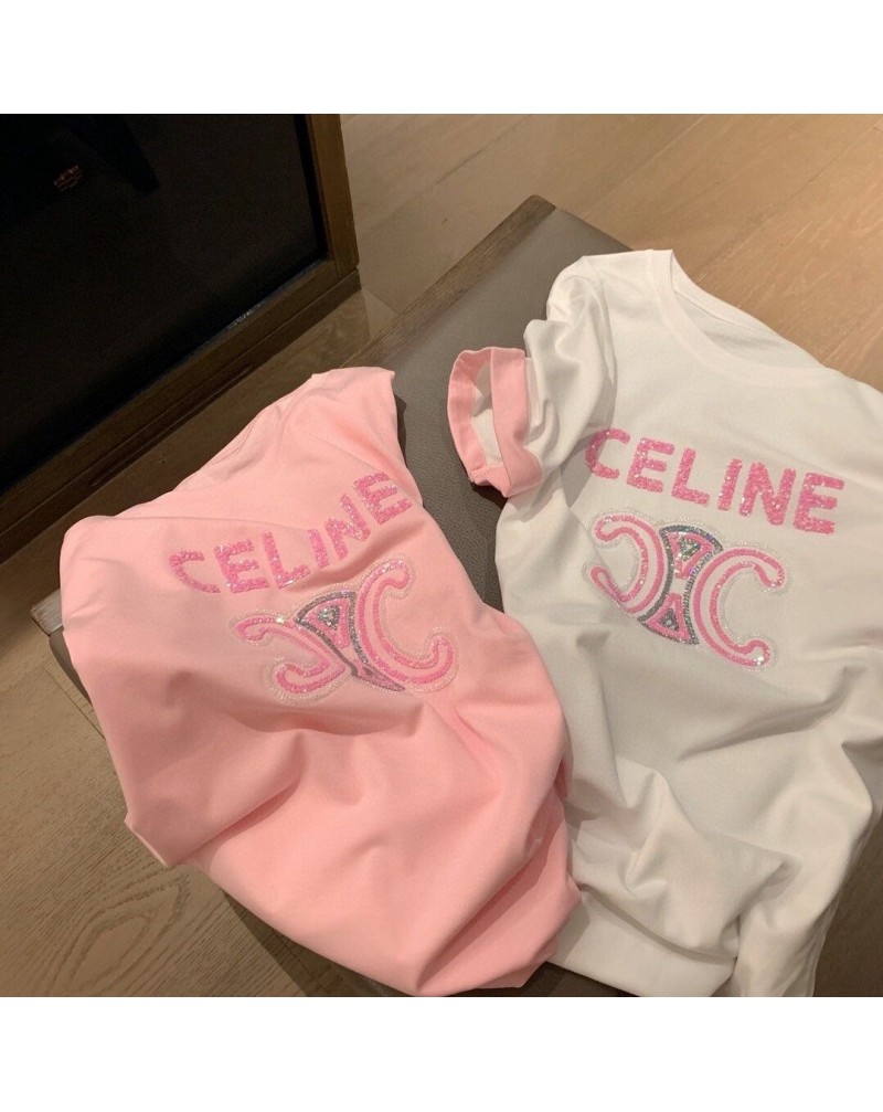 セリーヌｔシャツ半袖お洒落キラキラスパンコール付きカジュアルティシャツ短袖コットンソフト