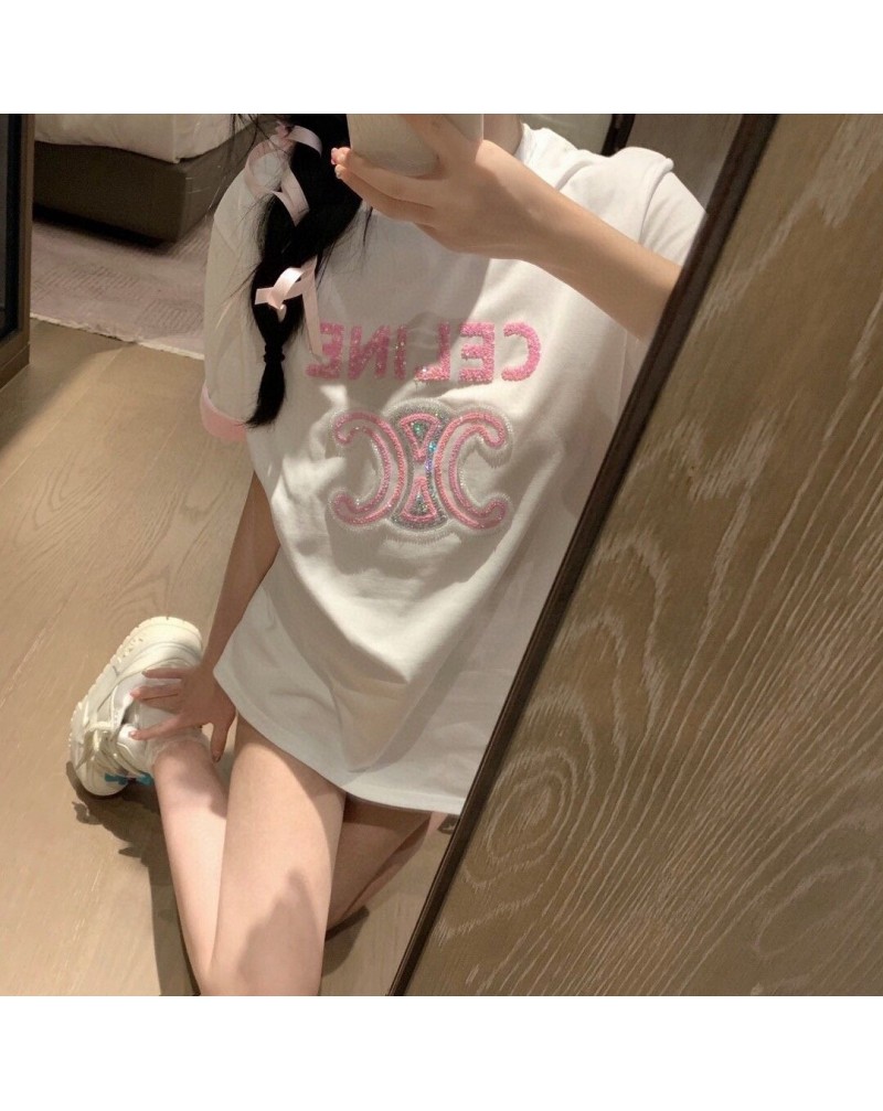 セリーヌｔシャツ半袖お洒落キラキラスパンコール付きカジュアルティシャツ短袖コットンソフト