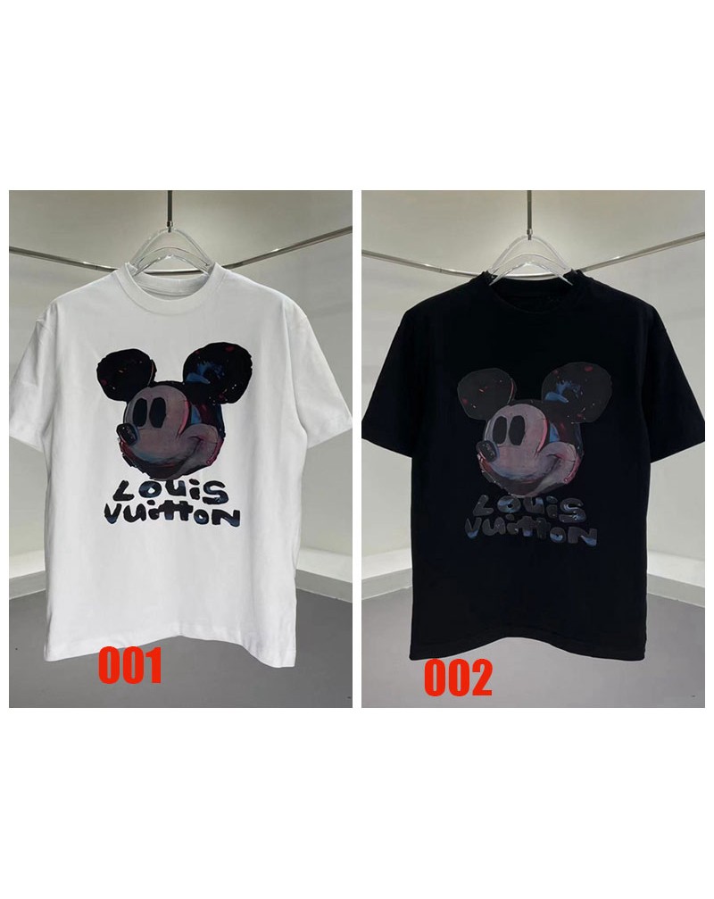 ヴィトンTシャツ半袖可愛い落書きミッキー付き潮流個性ティシャツコットントップスカップル向け