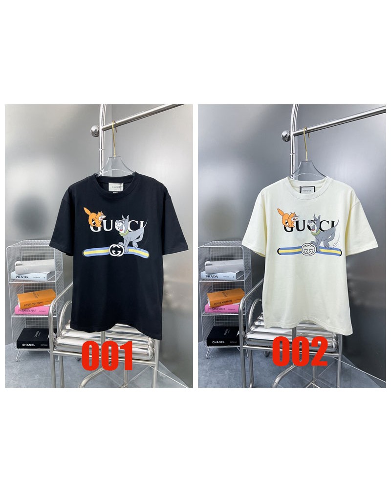 グッチ Tシャツ半袖お洒落大人気ティシャツ短袖可愛い犬プリント付きペアお揃い