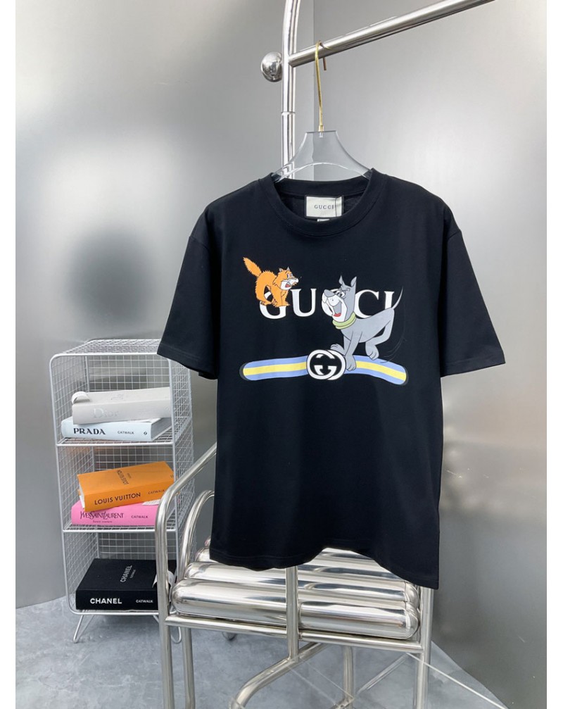 グッチ Tシャツ半袖お洒落大人気ティシャツ短袖可愛い犬プリント付きペアお揃い