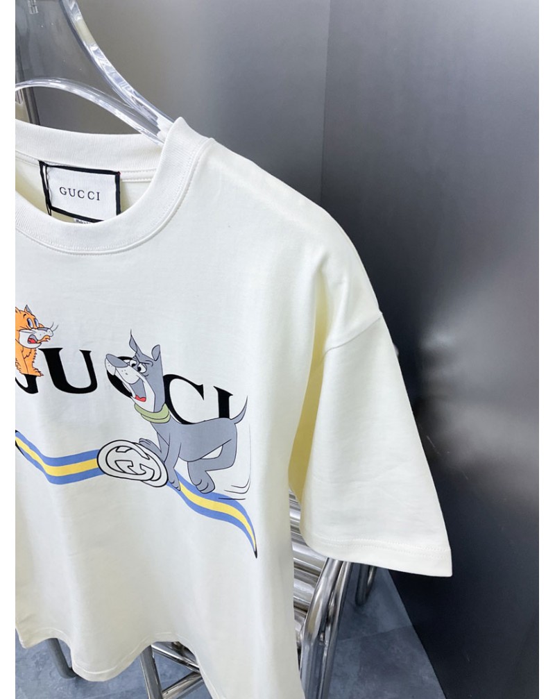 グッチ Tシャツ半袖お洒落大人気ティシャツ短袖可愛い犬プリント付きペアお揃い