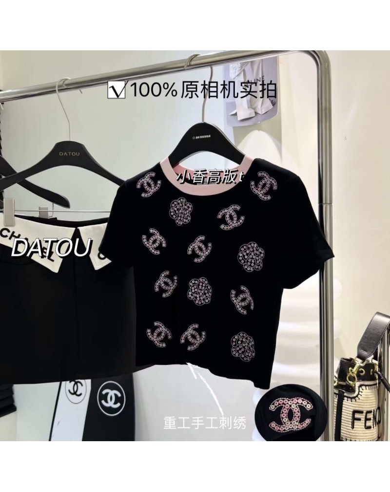 シャネル Tシャツ洋服ファッション人気小香風カジュアル人気精緻刺繍短袖コットン製フリーサイズ