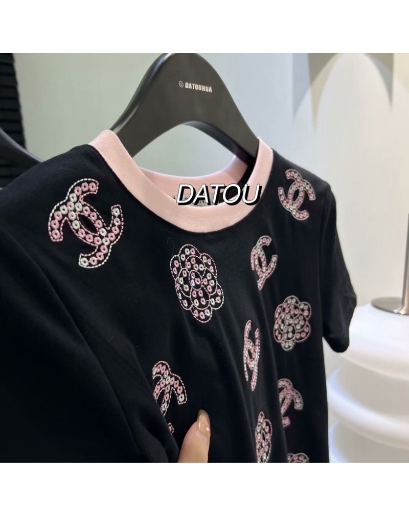 シャネル Tシャツ洋服ファッション人気小香風カジュアル人気精緻刺繍短袖コットン製フリーサイズ