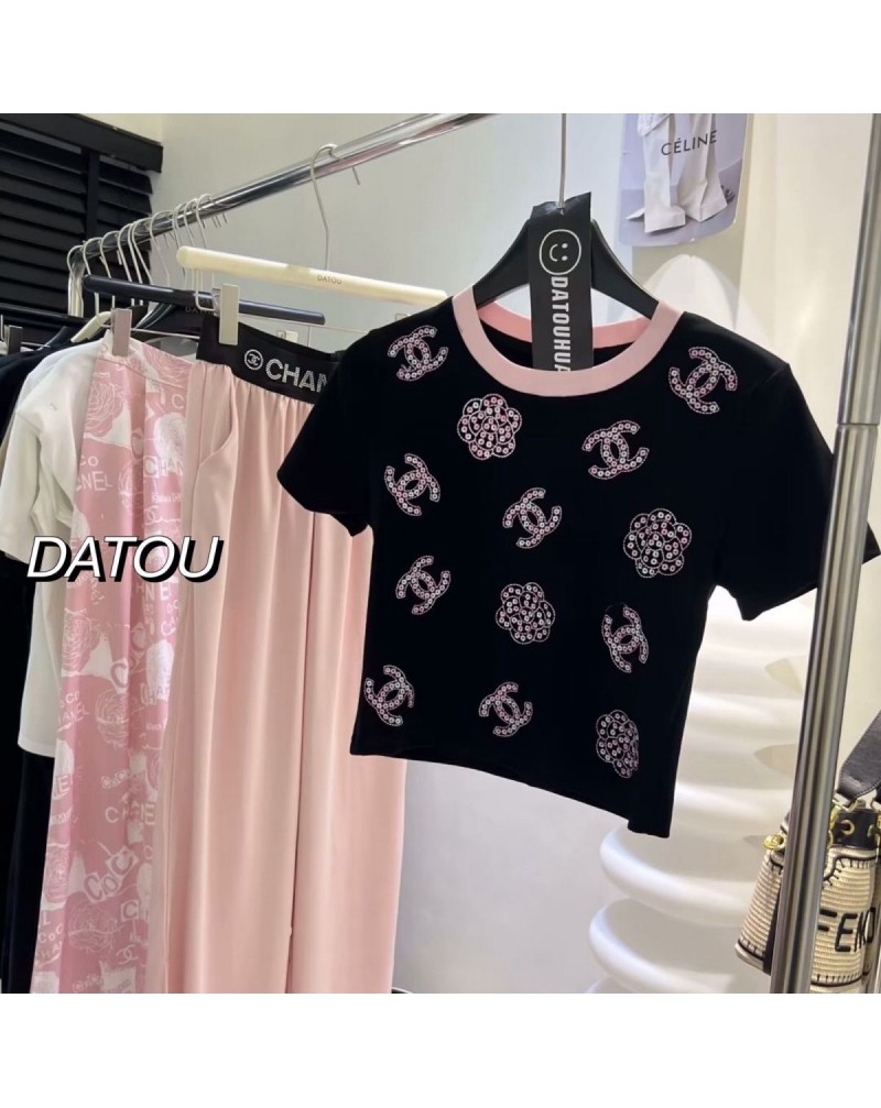 シャネル Tシャツ洋服ファッション人気小香風カジュアル人気精緻刺繍短袖コットン製フリーサイズ