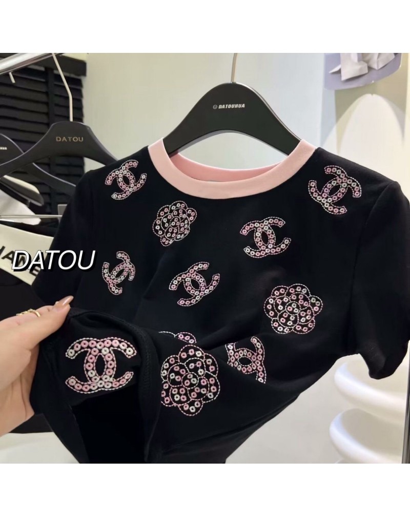 シャネル Tシャツ洋服ファッション人気小香風カジュアル人気精緻刺繍短袖コットン製フリーサイズ