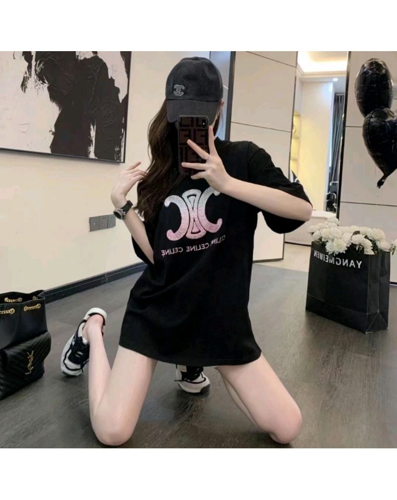 セリーヌ Tシャツ半袖カジュアル精緻グラデーション刺繍ティシャツ大人気フリーサイズ