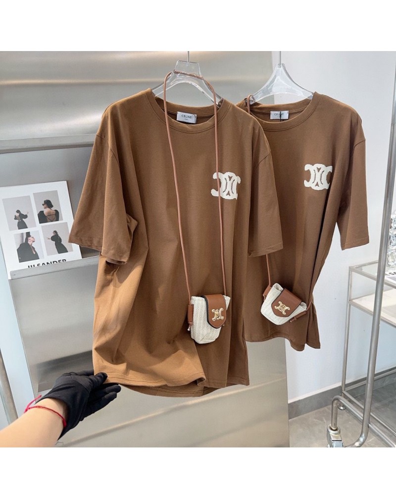 セリーヌ Tシャツ半袖お洒落ファッション精緻刺繍ロゴOVERSIZEスタイルミニバックつきフリーサイズ