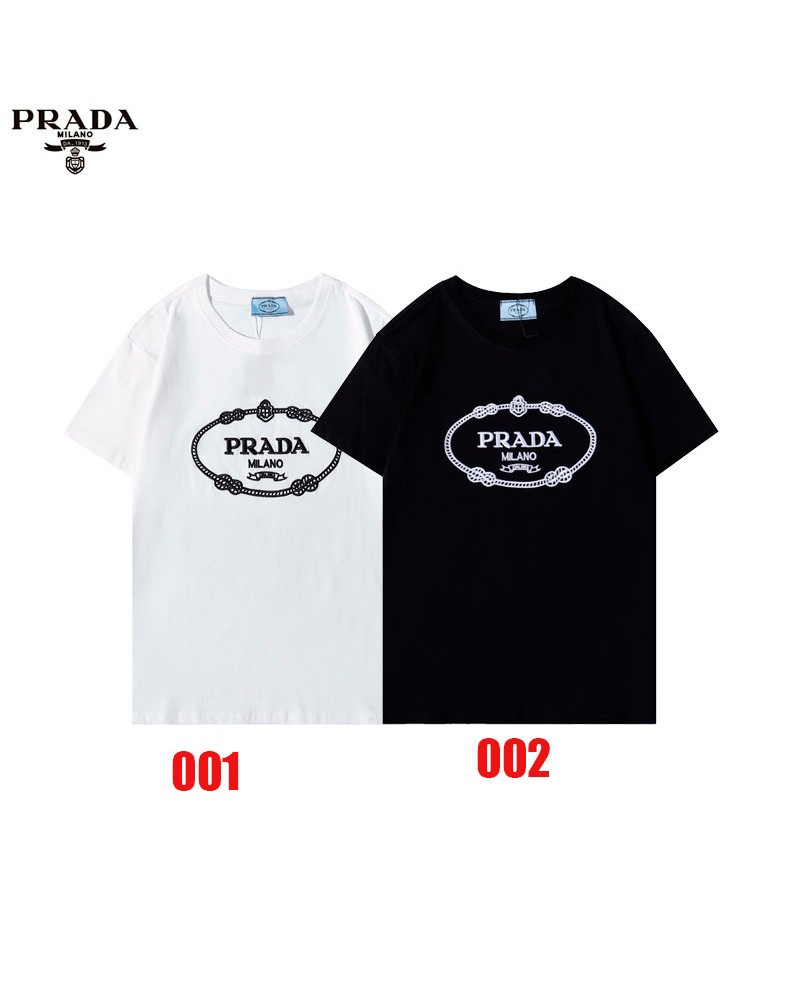 プラダ Tシャツ半袖ペアお揃い人気ブランド ティシャツ短袖精緻刺繍コットンソフト快適丸首トップス