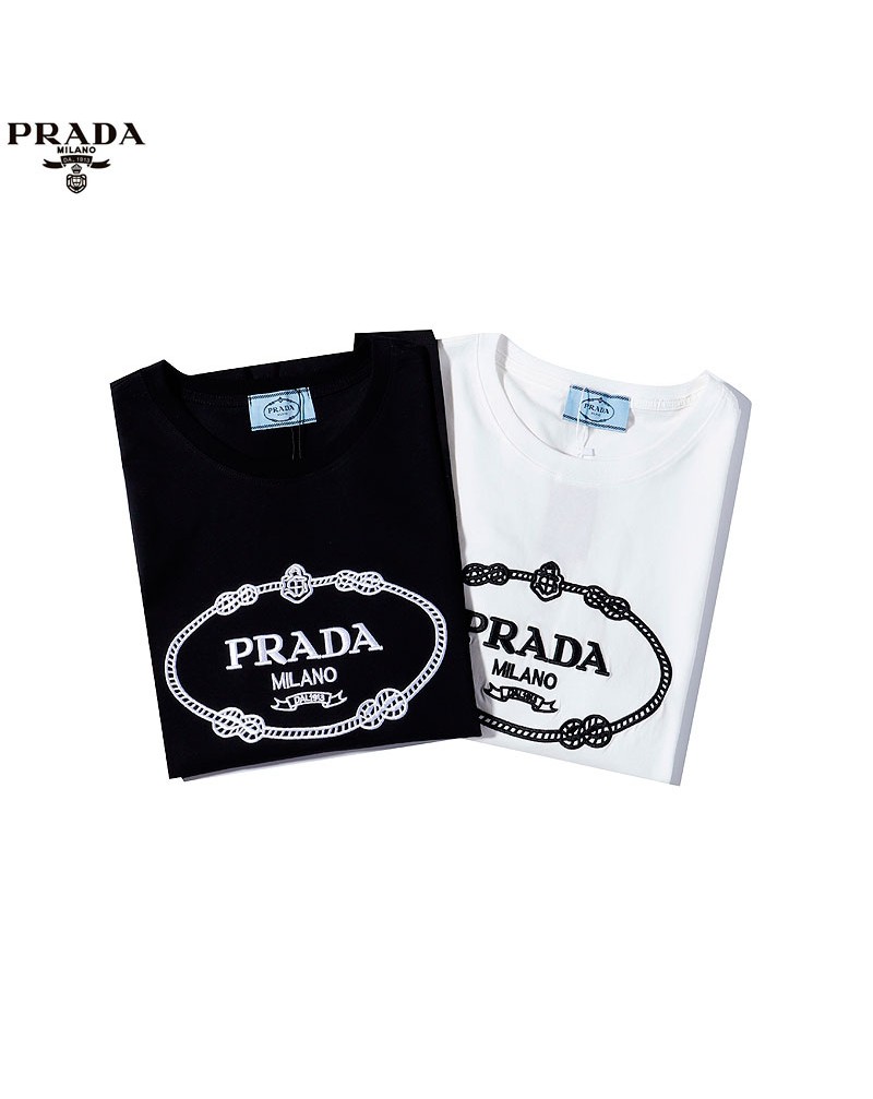 プラダ Tシャツ半袖ペアお揃い人気ブランド ティシャツ短袖精緻刺繍コットンソフト快適丸首トップス