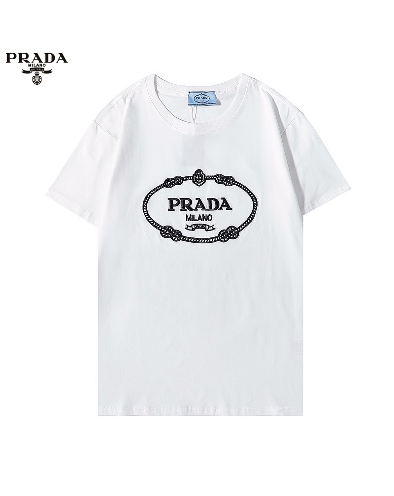 プラダ Tシャツ半袖ペアお揃い人気ブランド ティシャツ短袖精緻刺繍コットンソフト快適丸首トップス