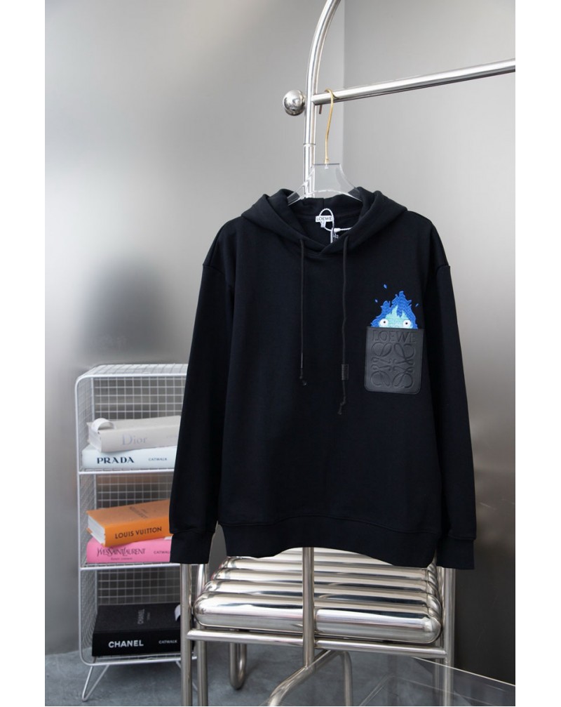 ロエベ パーカー潮流精緻炎の刺繍レザー製ポケット付きスウェットトップスフード付き高品質