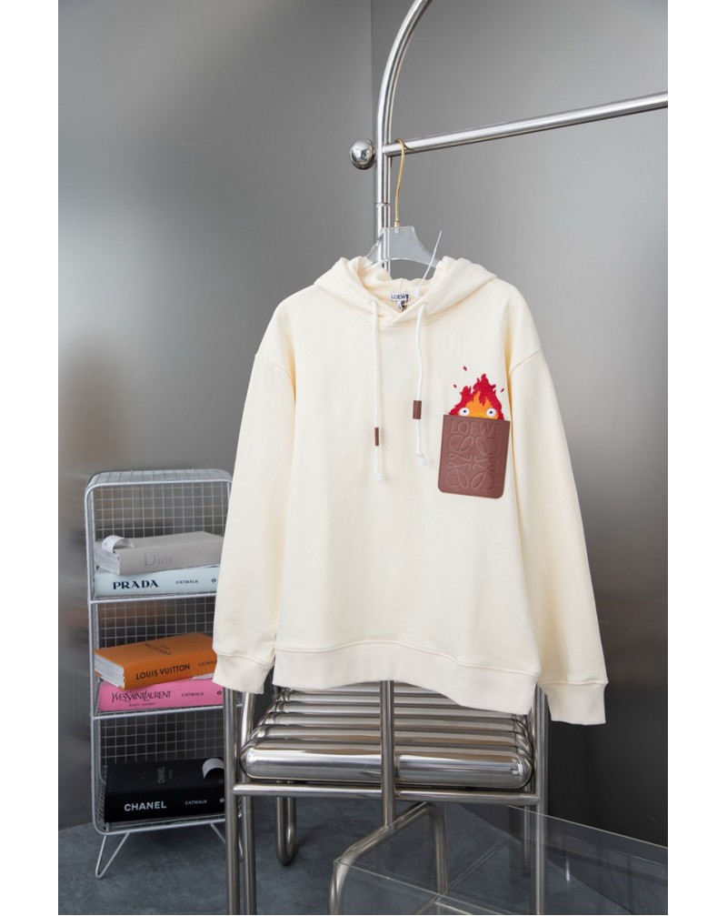 ロエベ パーカー潮流精緻炎の刺繍レザー製ポケット付きスウェットトップスフード付き高品質